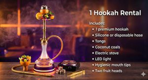1 Hookah rental setup with fruit head, coals, electric stove, LED light and mouth tips
