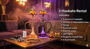 2 hookahs rental package with fruit heads, coconut coals, electric stove, LED lights and mouth tips